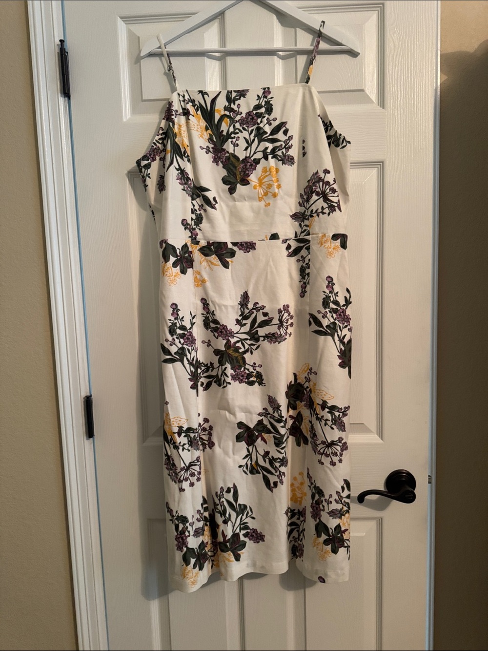 Leith Cream Floral Spaghetti-Strap Midi Dress with Purple and Yellow Accents